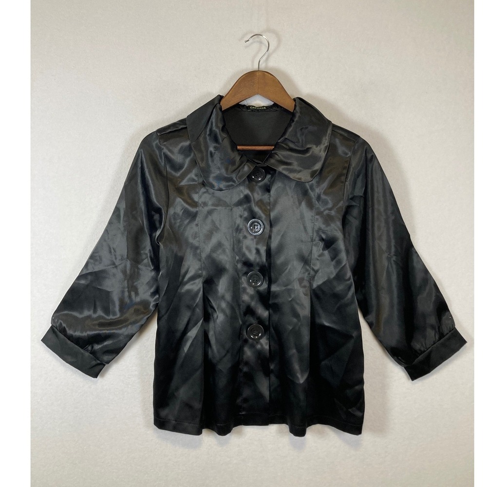 Goth Chic Catwalk Women M Black Satin Peter Pan Collar Button Front‎ Jacket